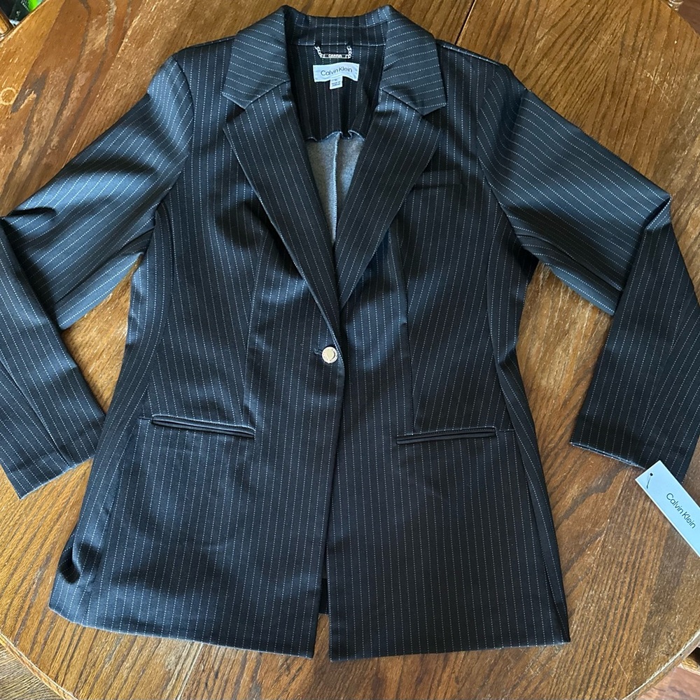 Calvin Klein Women’s Pinstripe Blazer One Button Tailored Office Jacket Sz XL - Picture 2 of 11